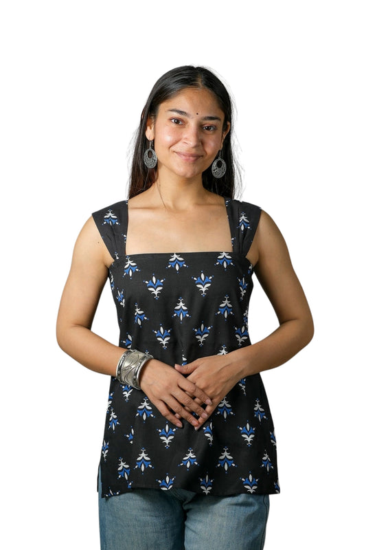 Iris – Printed Cotton Top (Black)