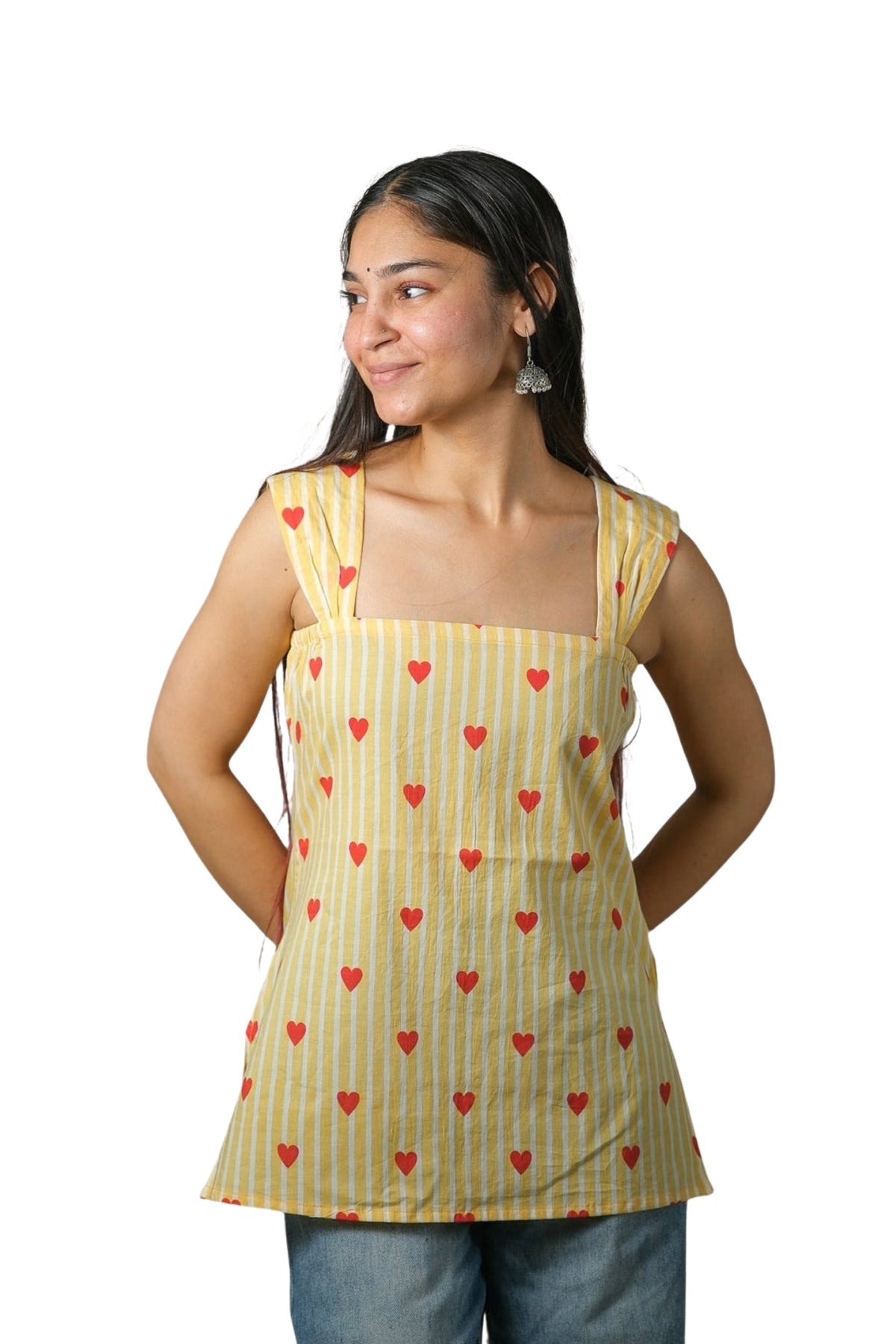 Zoe – Heart Print Cotton Top (Yellow)