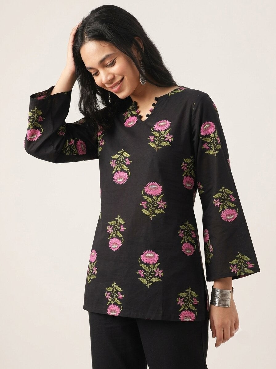 Floral Printed Corset Back Cotton Kurti (Black)