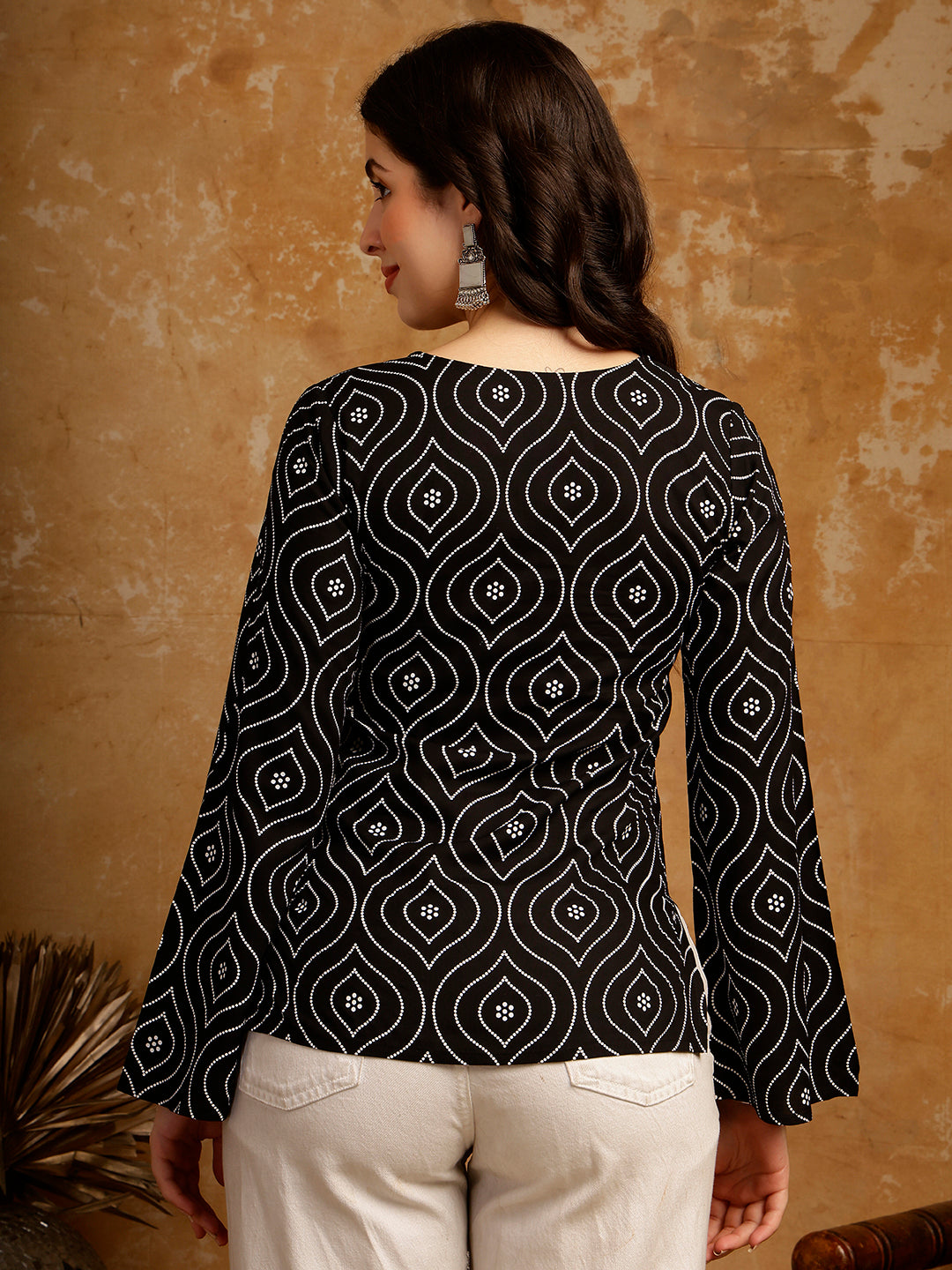 Printed Bell Sleeves Cotton Kurti (Black)