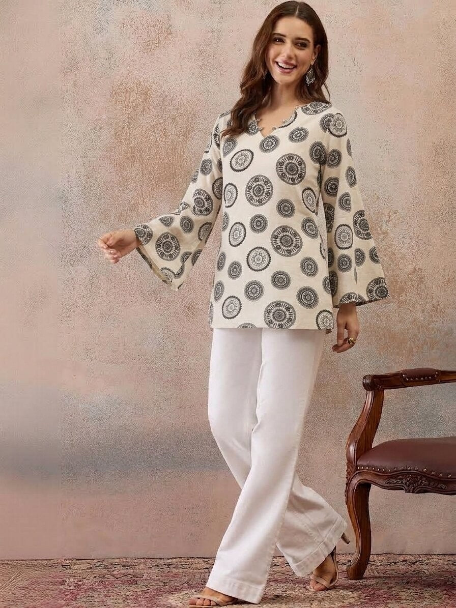 Motif Printed Corset Back Cotton Kurti (White)