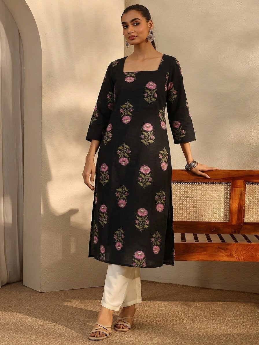 Floral Printed Straight Cotton Kurta (Black)