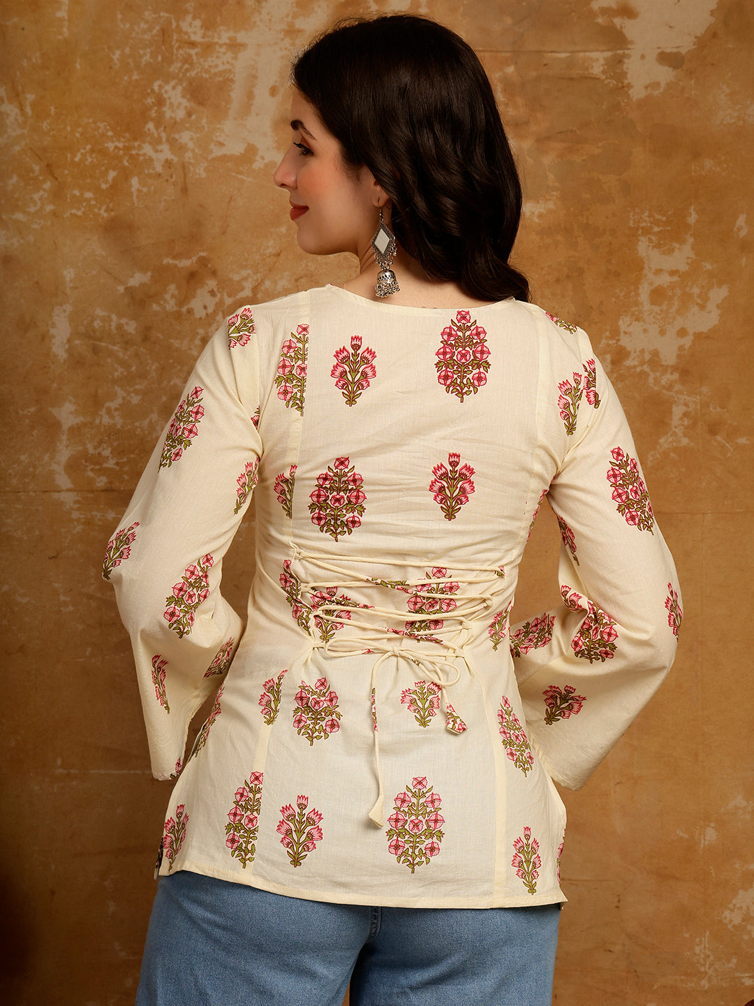 Floral Printed Corset Back Cotton Kurti (Beige)