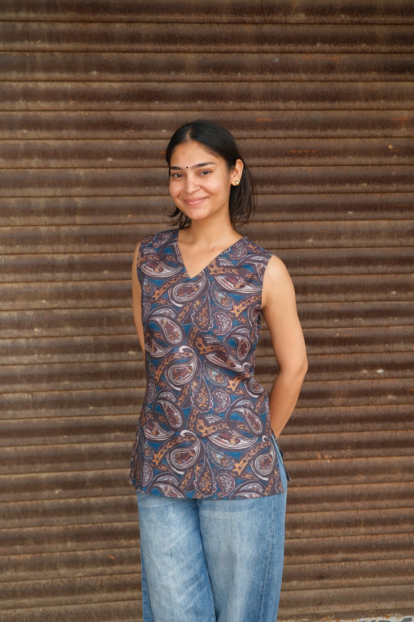 Digital Paisley Printed Cotton Sleeveless Top (Brown)
