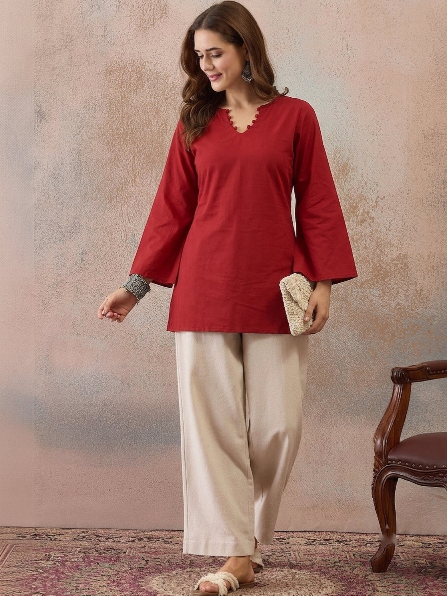 Solid Corset Back Cotton Kurti (Maroon)