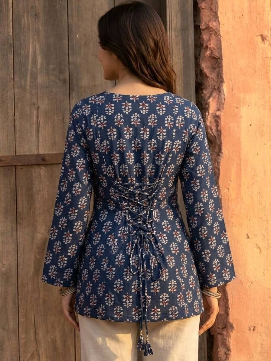 Floral Printed Corset Back Cotton Kurti (Blue)