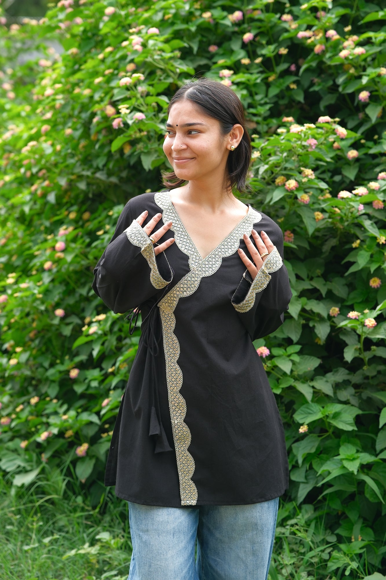 Solid Black Angrakha Cotton Kurti