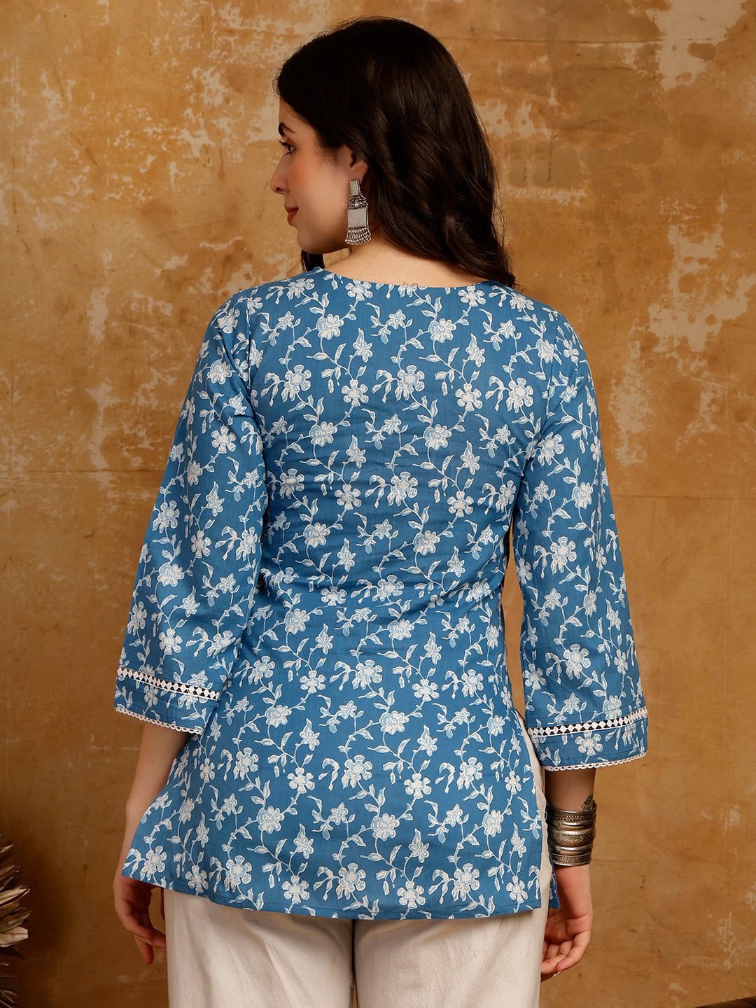 Floral Printed Cotton Kurti (Sky Blue)