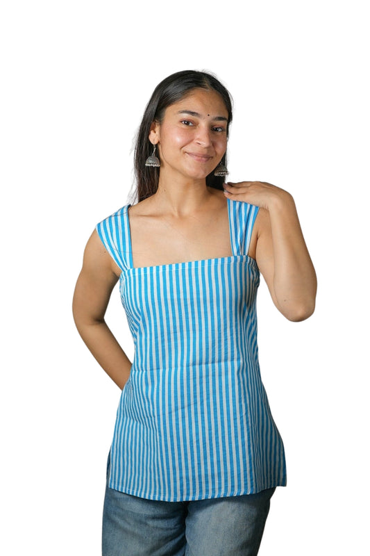 Ava – Striped Cotton Top (Sky Blue)