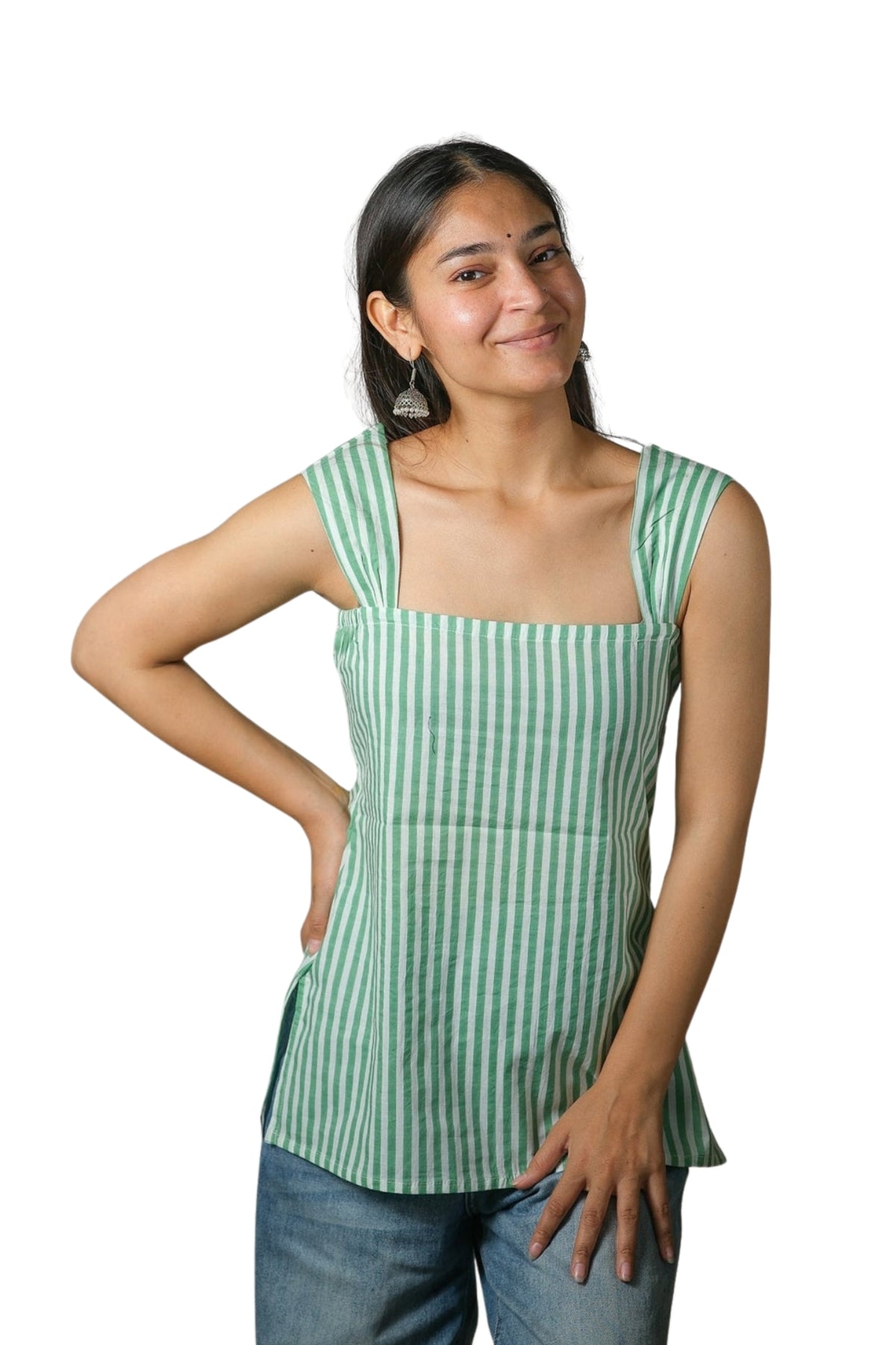 Luna – Striped Cotton Top (Pista Green)