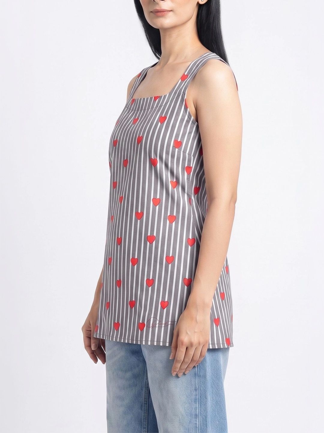 Heart Printed Striped Open Back Sleeveless Kurti (Grey)