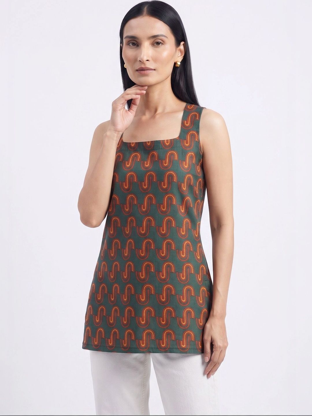 Abstract Printed Open Back Sleeveless Kurti (Bottle Green)