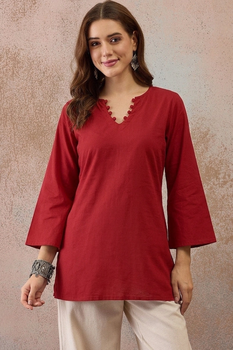 Solid Corset Back Cotton Kurti (Maroon)