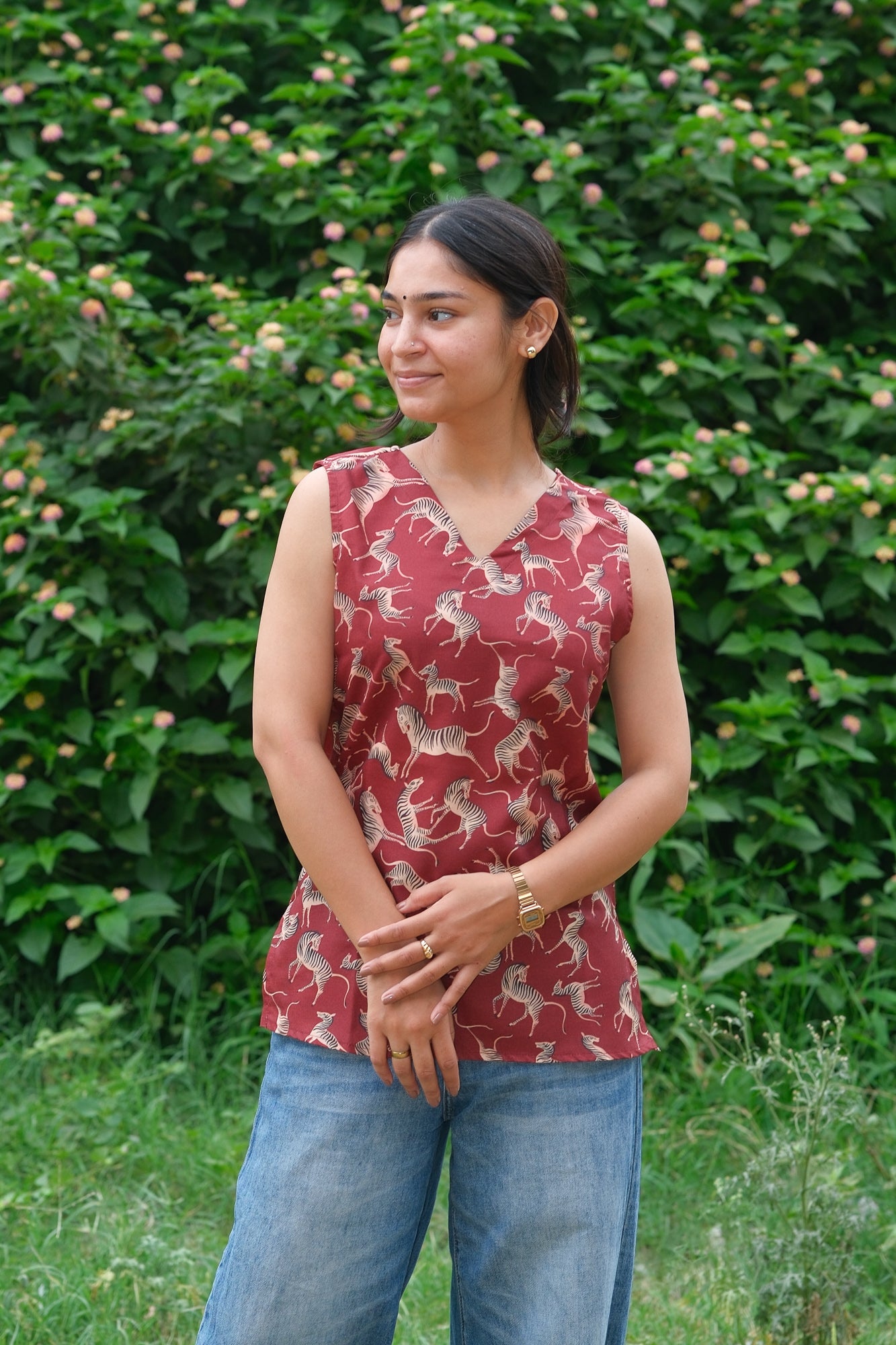 Digital Zebra Printed Cotton Sleeveless Top (Rust Brown)