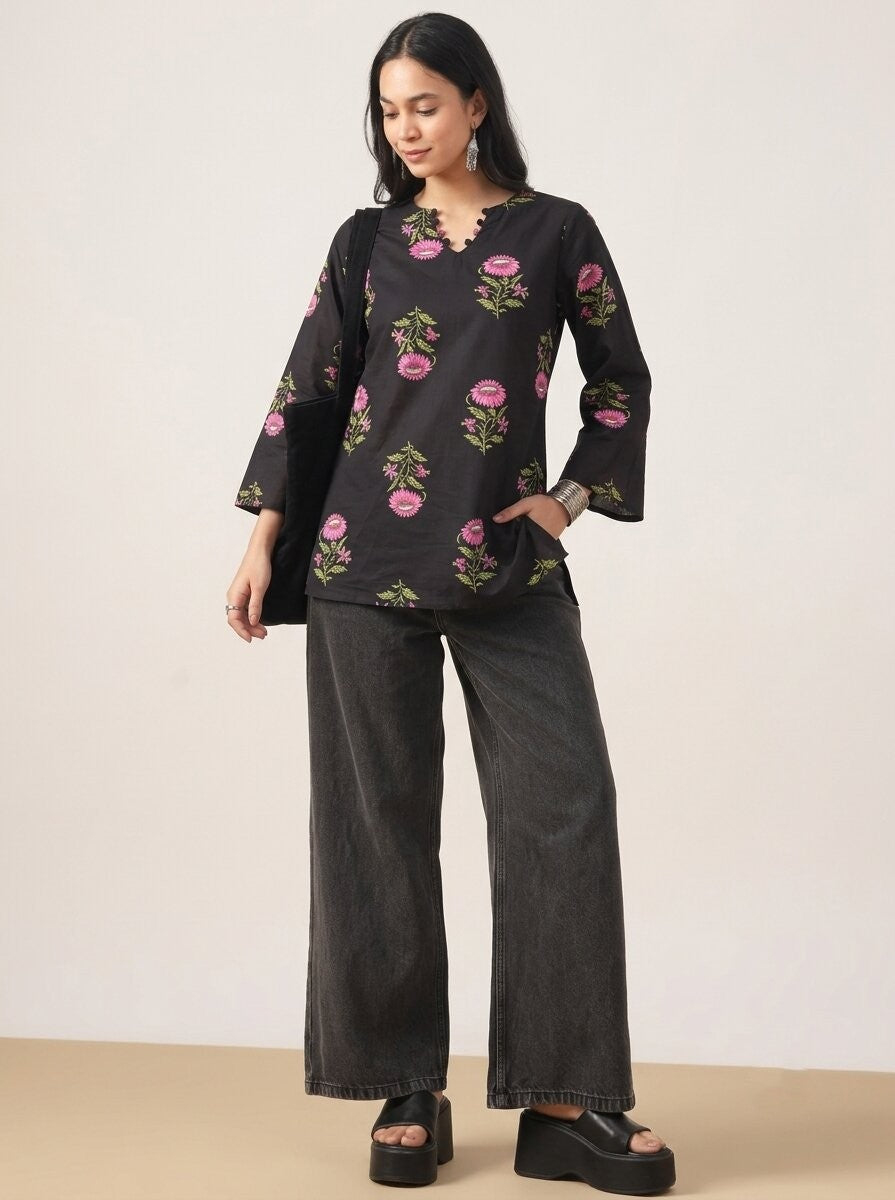 Floral Printed Corset Back Cotton Kurti (Black)