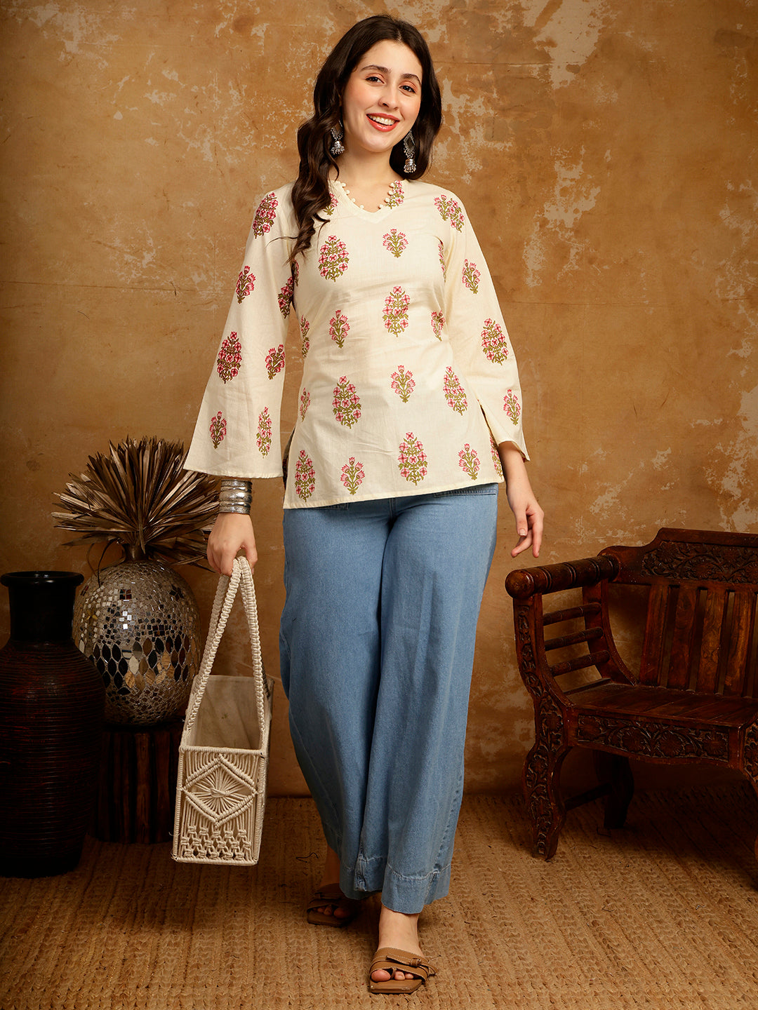 Floral Printed Corset Back Cotton Kurti (Beige)