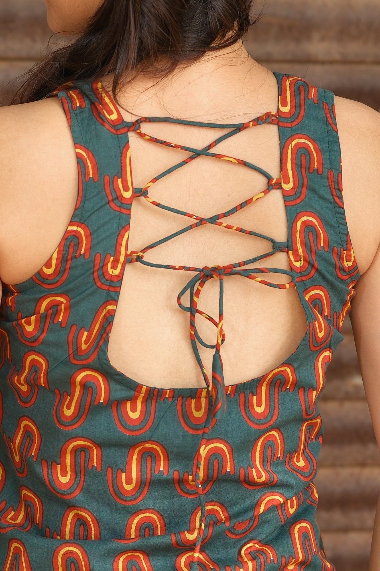 Abstract Printed Open Back Sleeveless Kurti (Bottle Green)