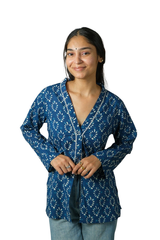 Aarini – Lace-Trim Oversized Shrug (Indigo Blue)