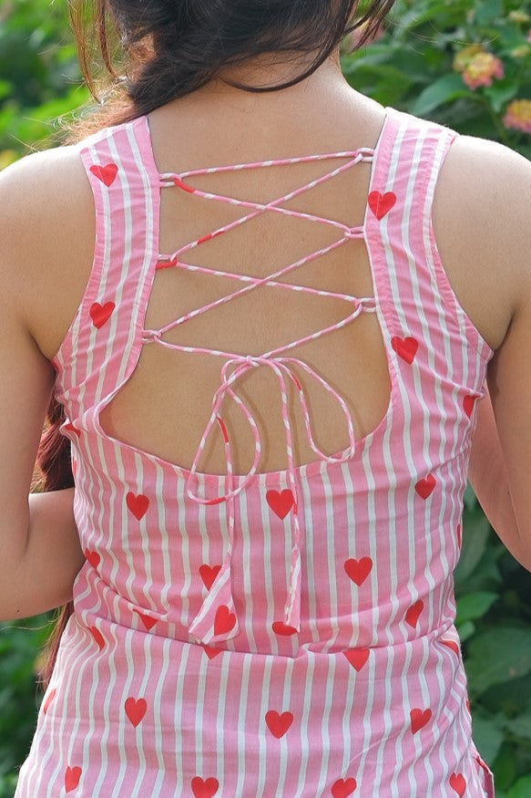 Heart Printed Striped Open Back Sleeveless Kurti (Pink)