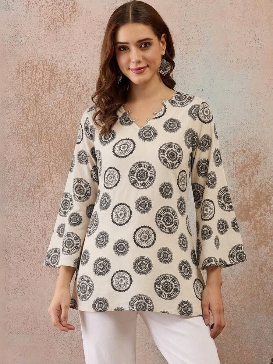 Motif Printed Corset Back Cotton Kurti (White)