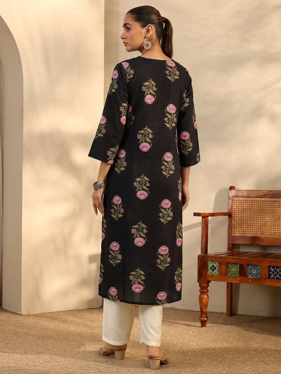 Floral Printed Straight Cotton Kurta (Black)