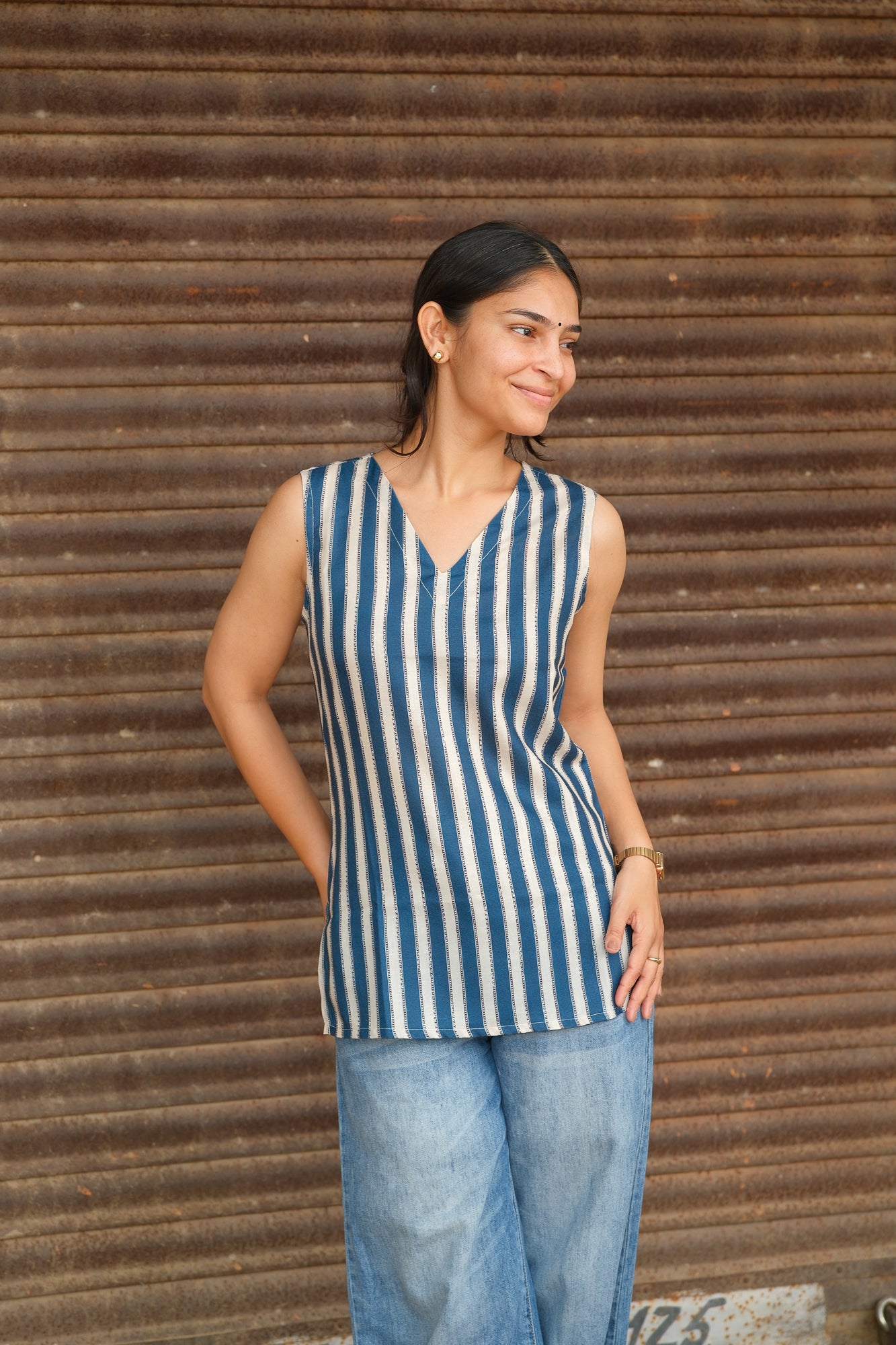 Vertical Striped Cotton Sleeveless Top (Blue & Beige)