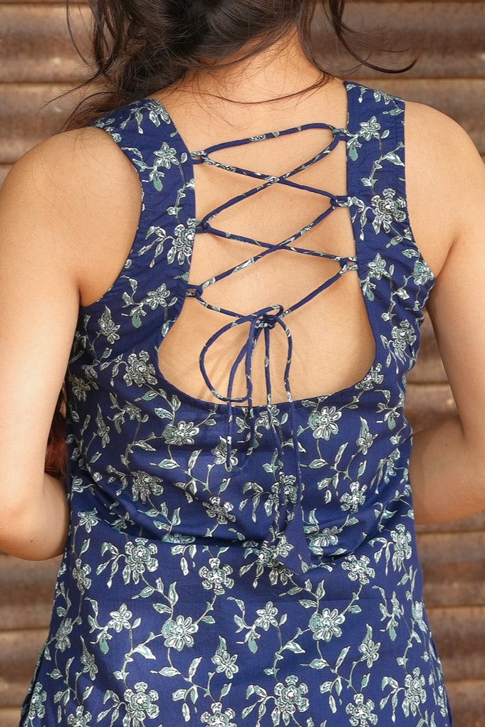 Floral Printed Open Back Sleeveless Kurti (Navy Blue)