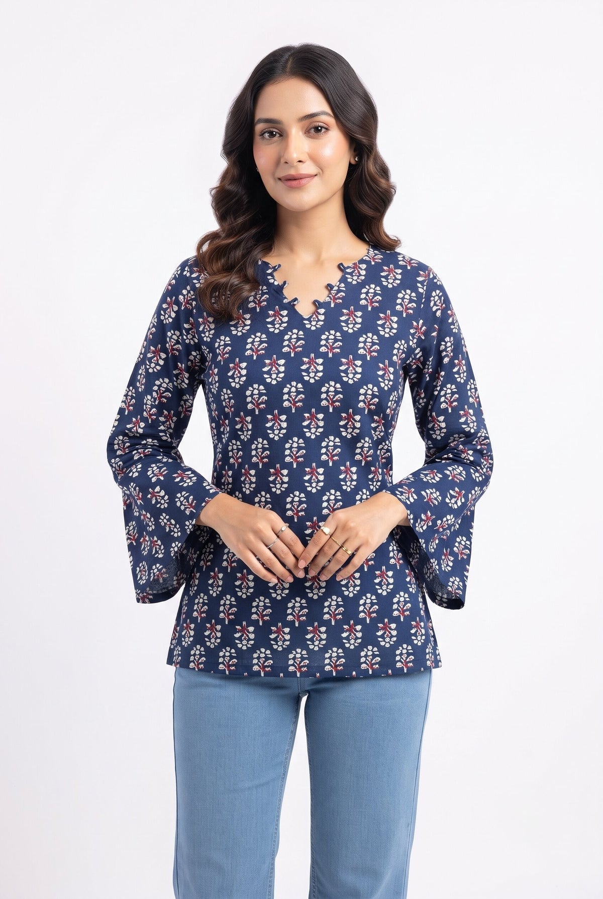 Floral Printed Corset Back Cotton Kurti (Blue)