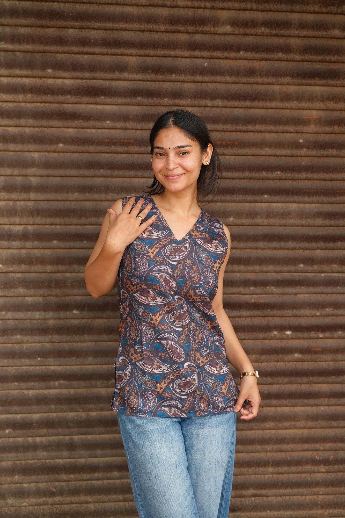 Digital Paisley Printed Cotton Sleeveless Top (Brown)