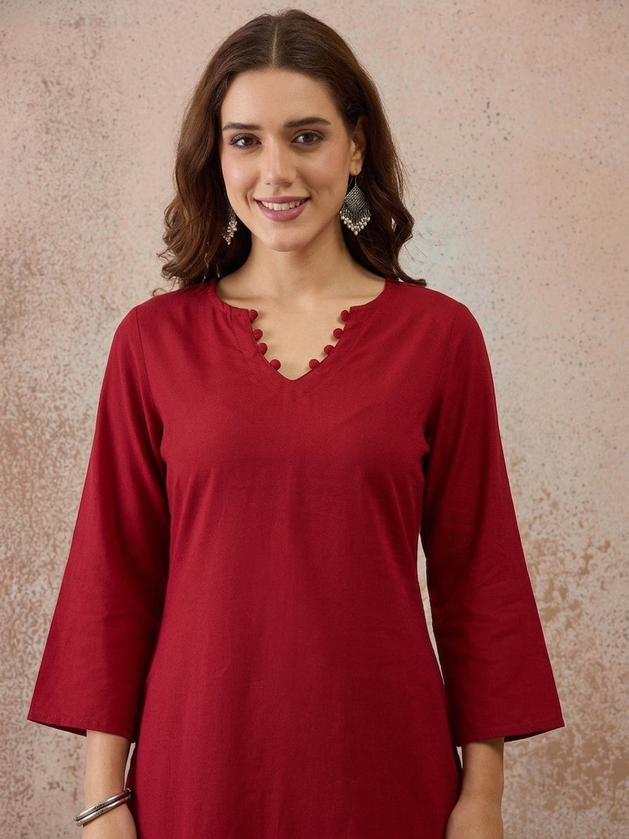 Solid Corset Back Cotton Kurti (Maroon)