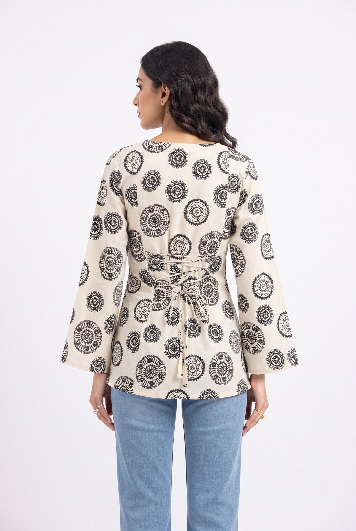 Motif Printed Corset Back Cotton Kurti (White)