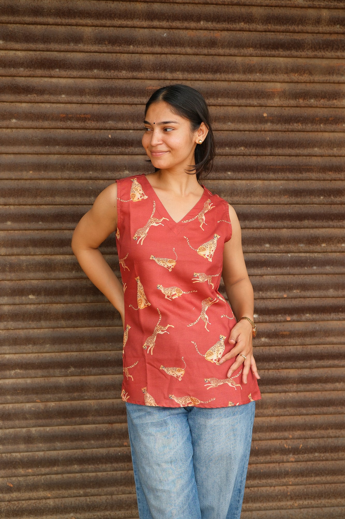 Cheetah Printed Cotton Sleeveless Top (Brick Red)
