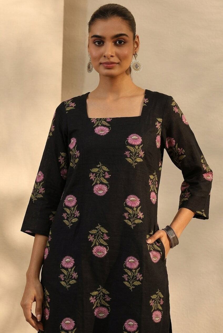 Floral Printed Straight Cotton Kurta (Black)