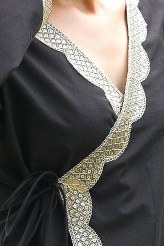 Solid Black Angrakha Cotton Kurti