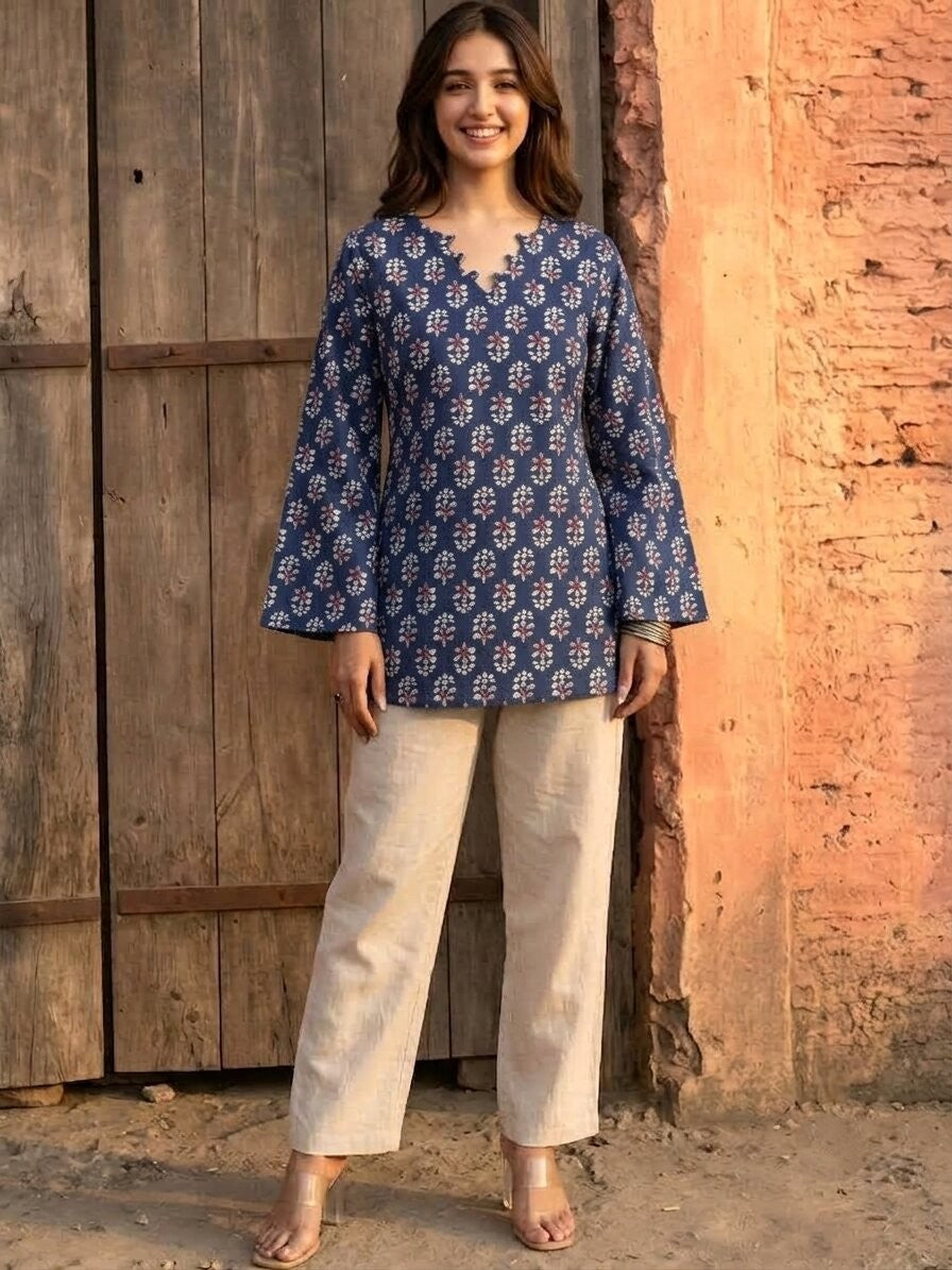 Floral Printed Corset Back Cotton Kurti (Blue)