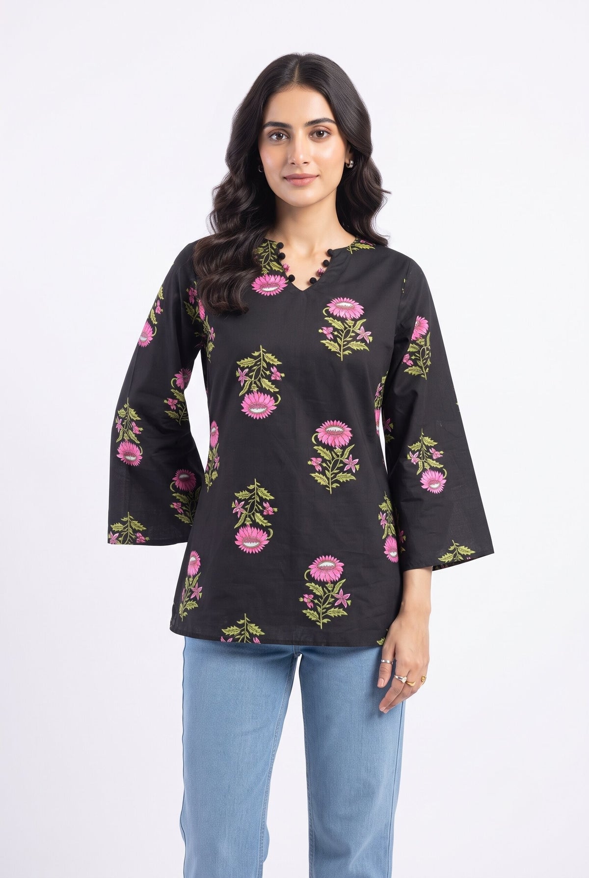 Floral Printed Corset Back Cotton Kurti (Black)