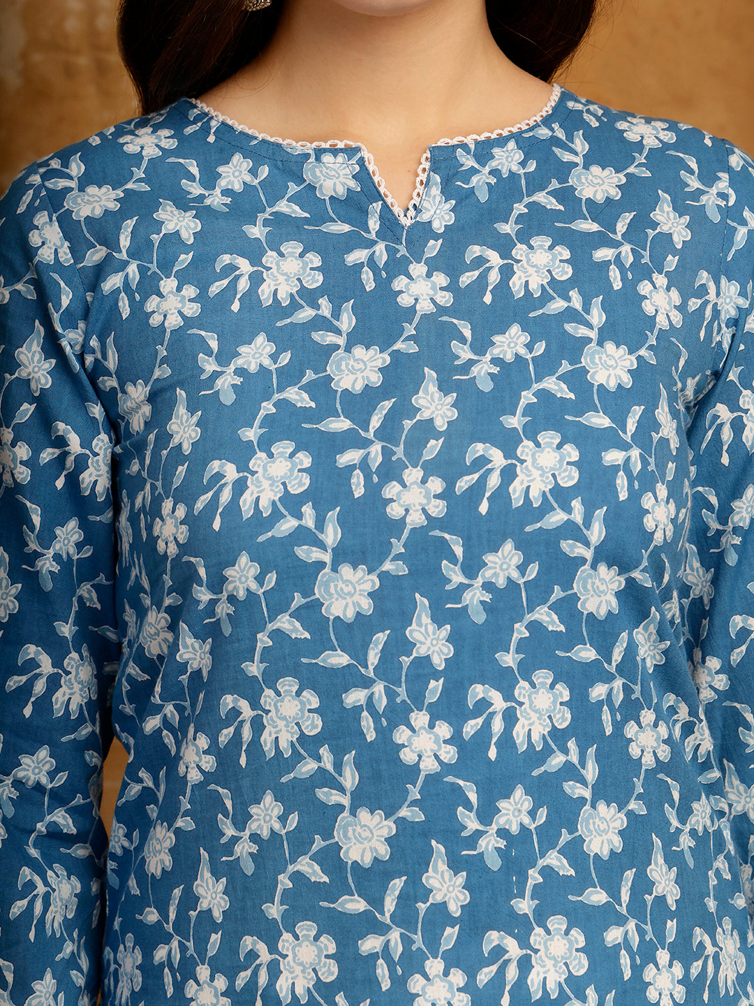 Floral Printed Cotton Kurti (Sky Blue)