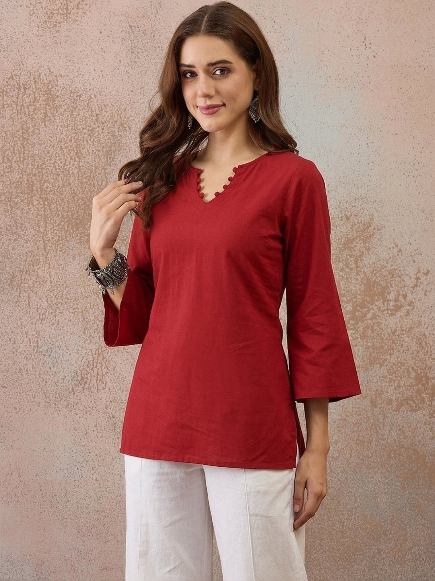 Solid Corset Back Cotton Kurti (Maroon)