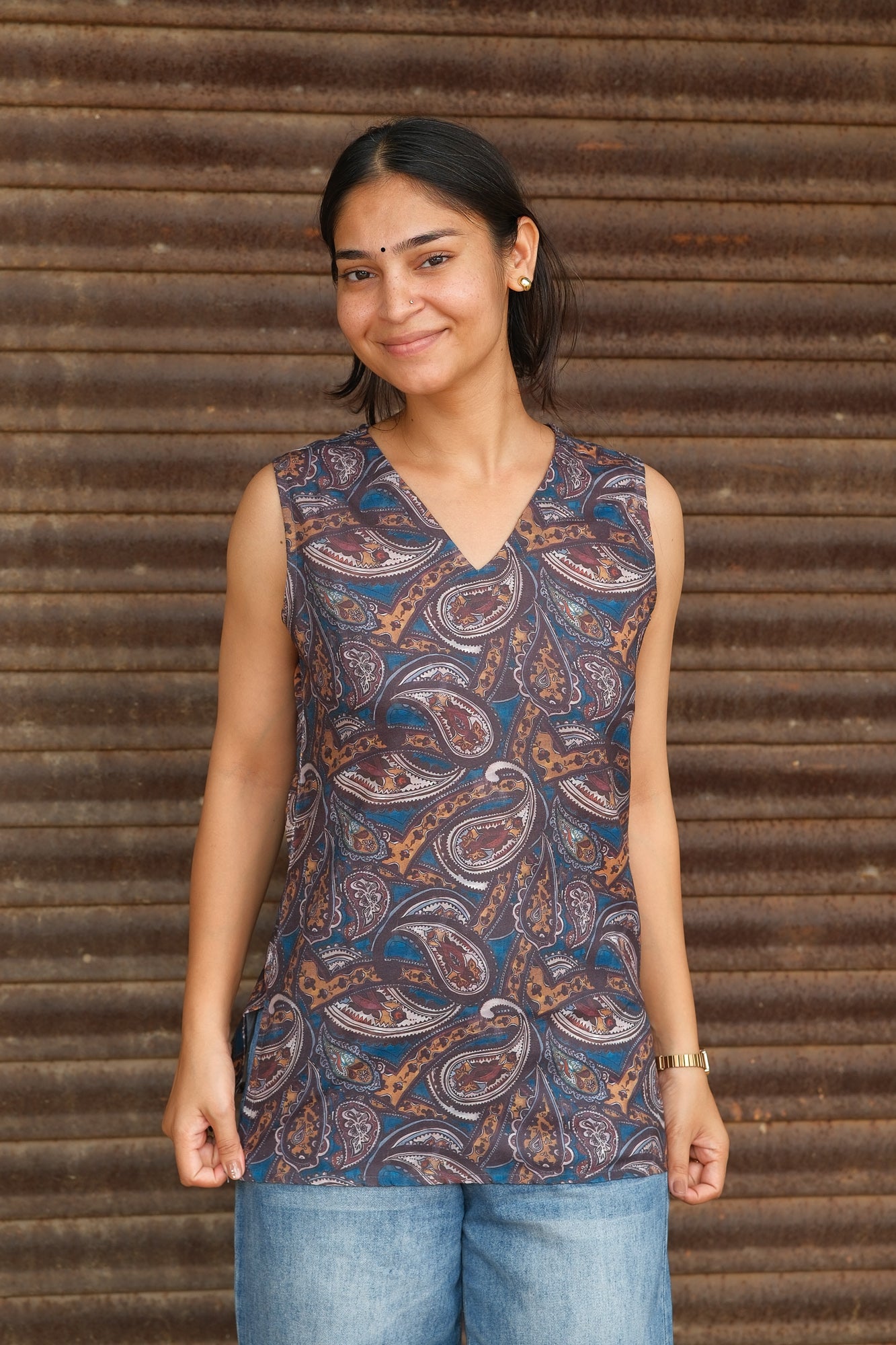 Digital Paisley Printed Cotton Sleeveless Top (Brown)