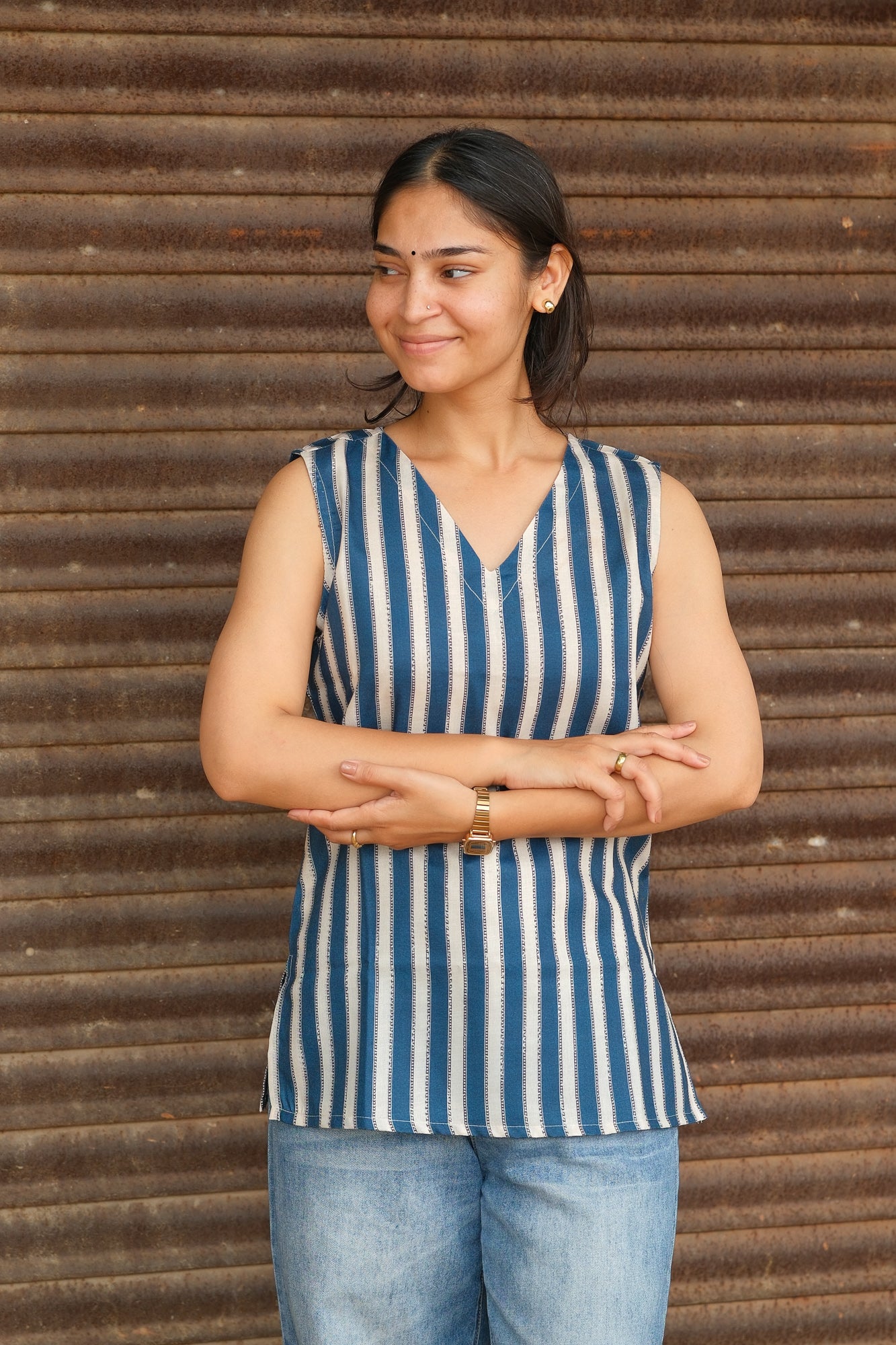 Vertical Striped Cotton Sleeveless Top (Blue & Beige)