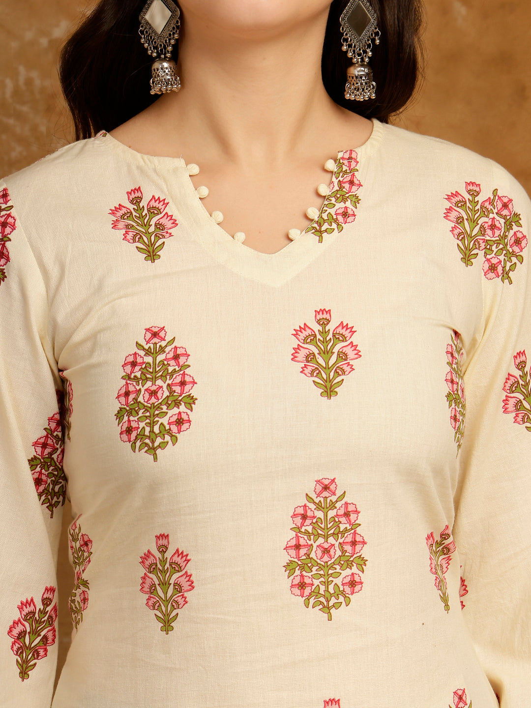 Floral Printed Corset Back Cotton Kurti (Beige)