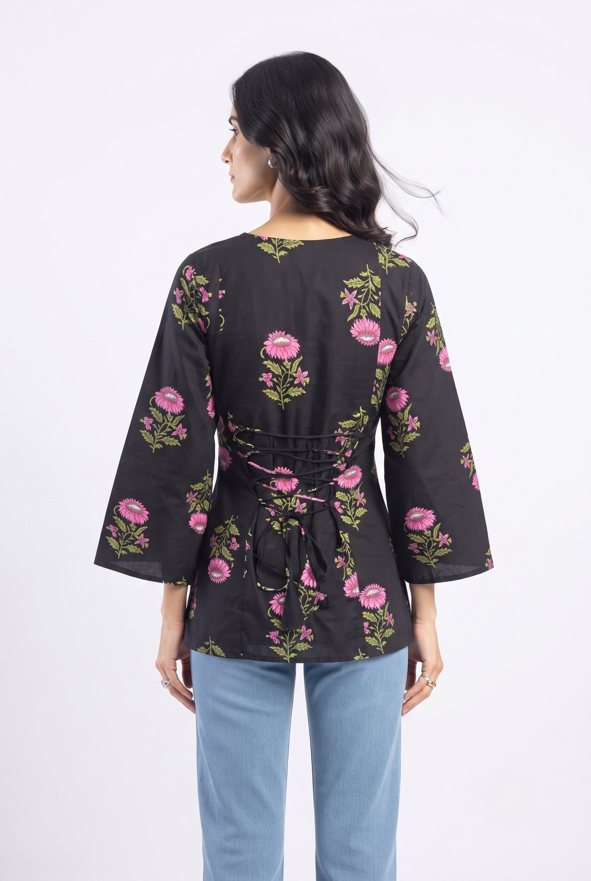Floral Printed Corset Back Cotton Kurti (Black)