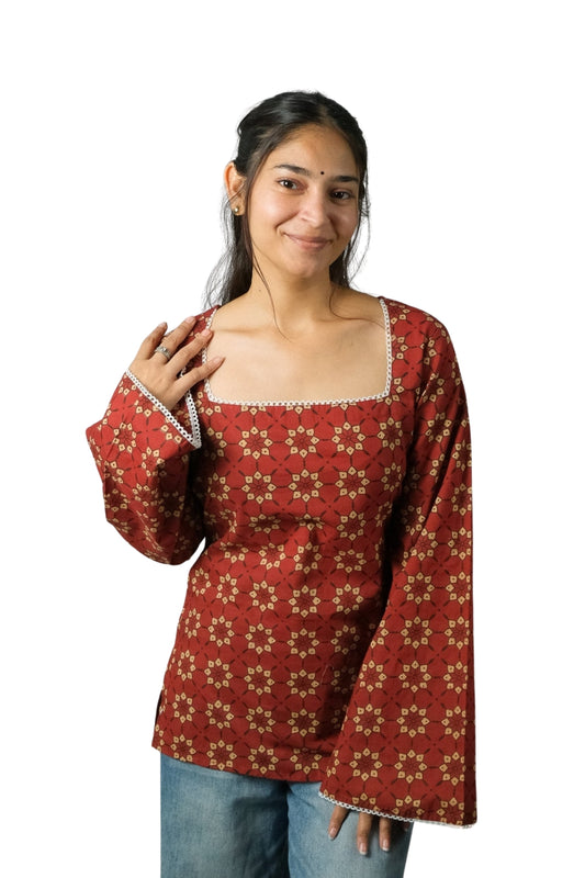 Rivya – Square Neck Kurti (Rust Red)