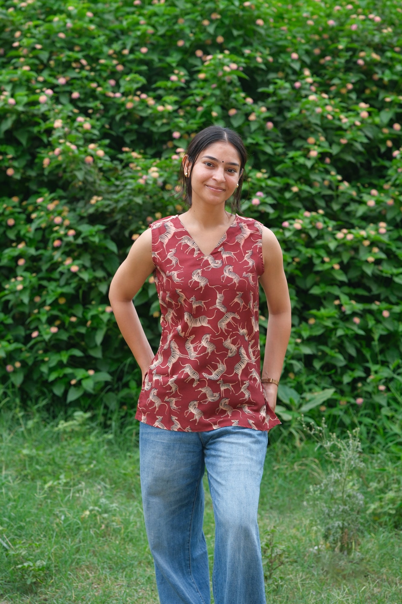Digital Zebra Printed Cotton Sleeveless Top (Rust Brown)