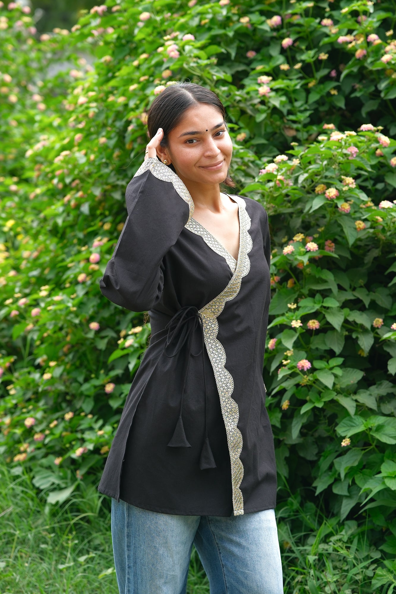 Solid Black Angrakha Cotton Kurti