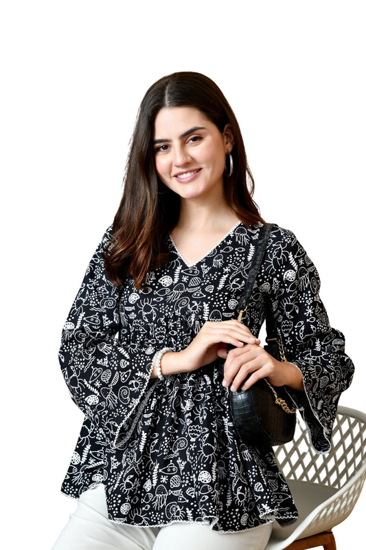 Nocturna – Midnight Black Cotton Peplum Top