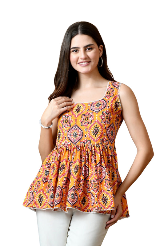 Soléa – Sunset Orange Cotton Peplum Top