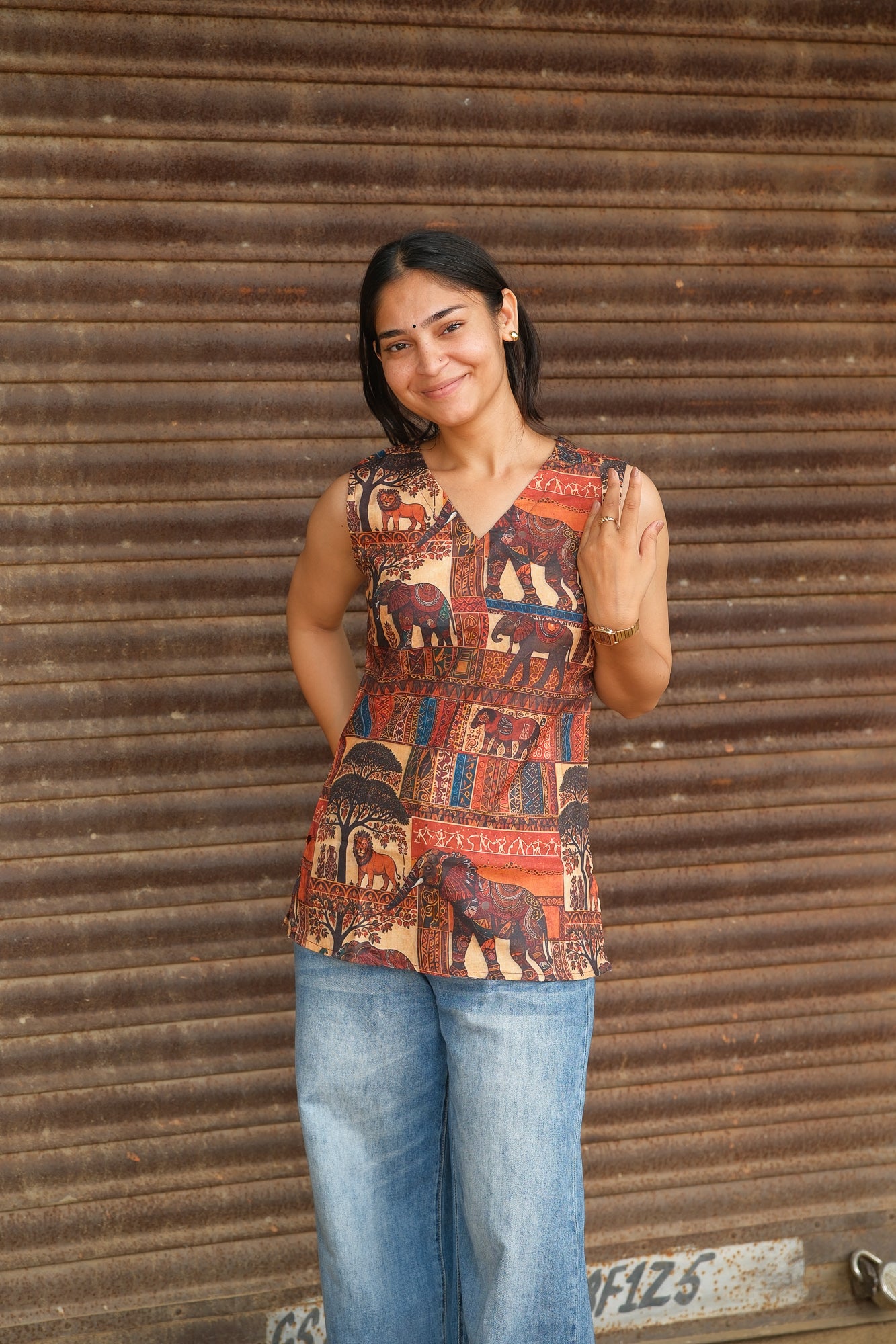 African Safari Printed Cotton Sleeveless Top (Rust Brown)
