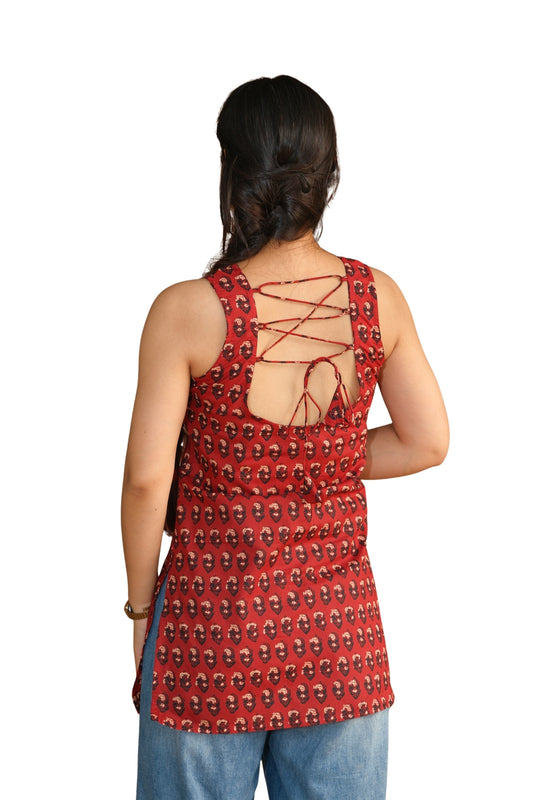 Buti Printed Cotton Open Back Sleeveless Kurti (Brick Red)