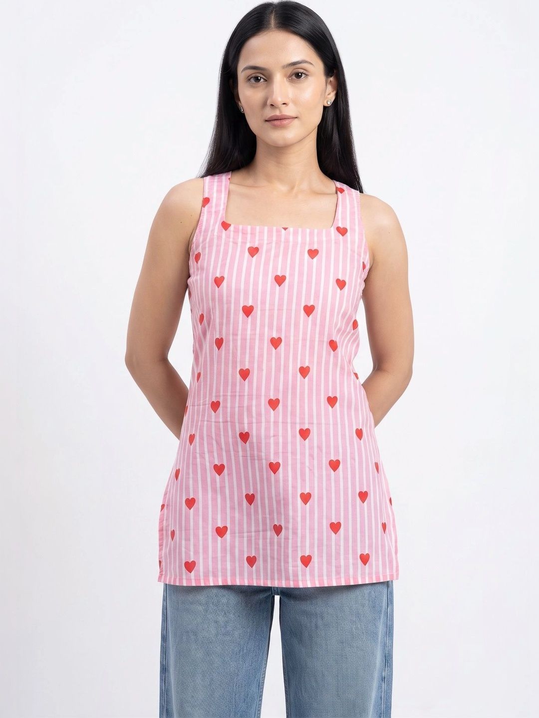 Heart Printed Striped Open Back Sleeveless Kurti (Pink)